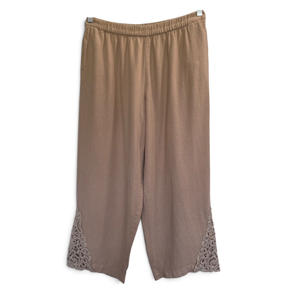 Susan Graver Pure Tan Linen Blend Crop Pants Crochet Lace Hem Womens Medium